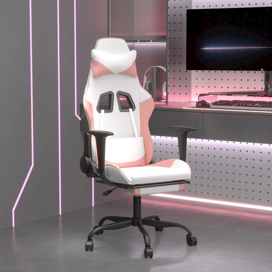 Gaming Chair with Footrest White and Pink Faux Leather