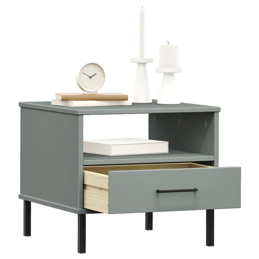 Bedside Table with Metal Legs Gray Solid Wood Pine OSLO