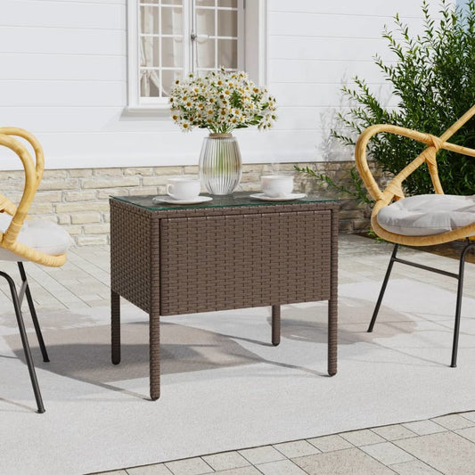 Side Table Brown 20.9"x14.6"x18.9" Poly Rattan and Tempered Glass