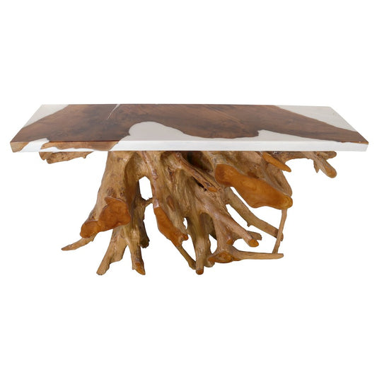 60 Inch Teak Root Console Table White Resin