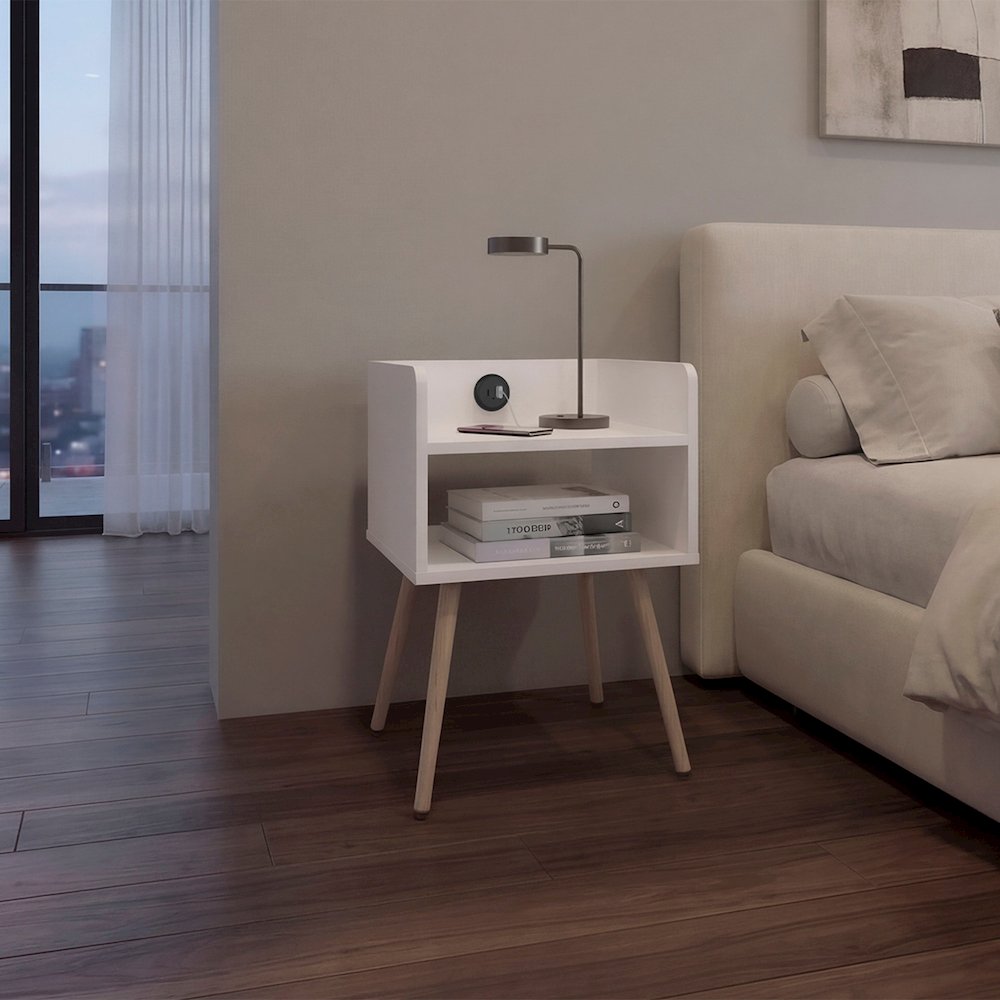 Morven Nightstand 22.8" H with USB Port, 2 Shelves - White