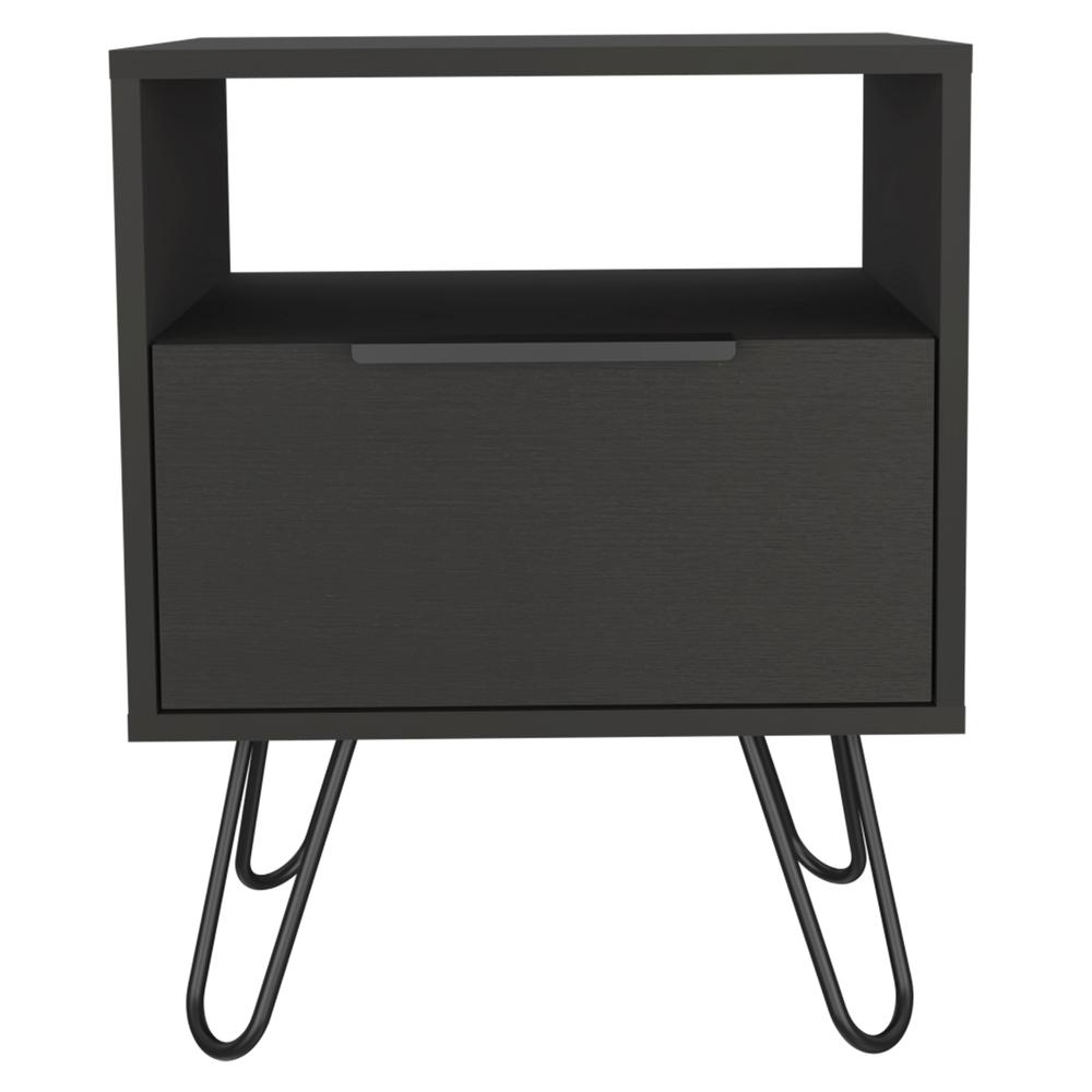 DEPOT E-SHOP Begonia Night Stand-Two Shelves, One-Door Drawer, Four Steel Legs-Black, For Bedroom