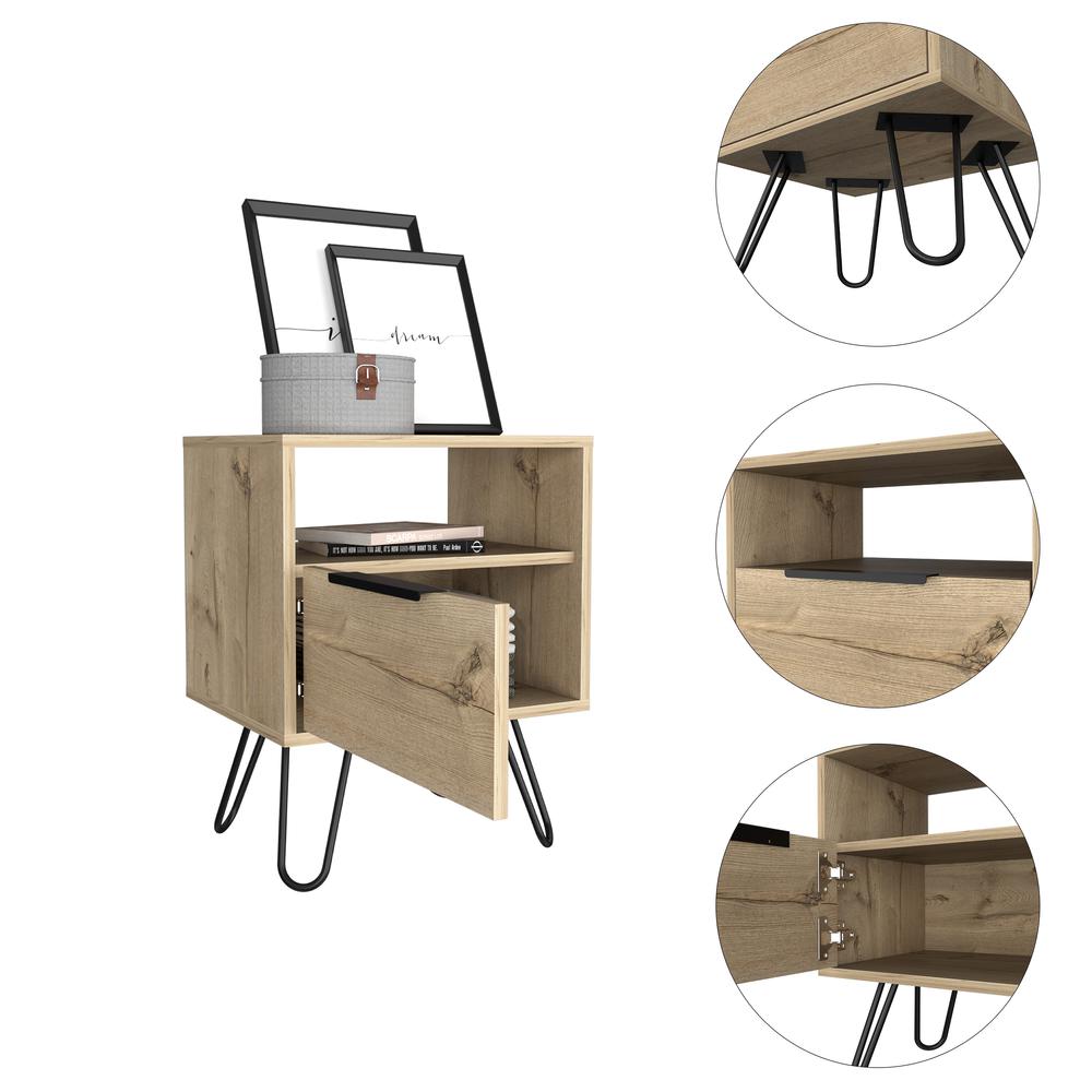 DEPOT E-SHOP Begonia Night Stand-Two Shelves, One-Door Drawer, Four Steel Legs-Light Oak, For Bedroom