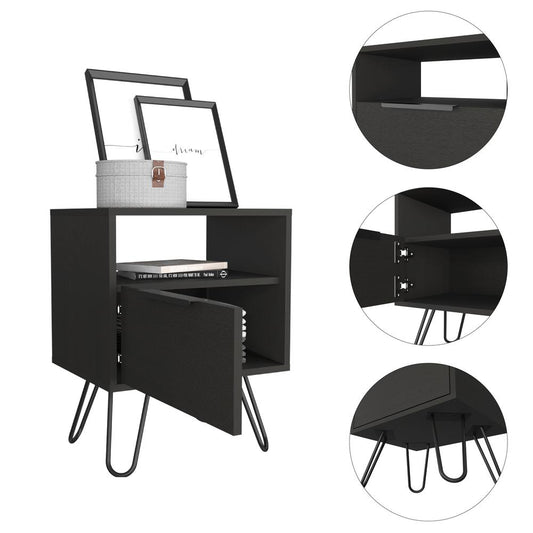 DEPOT E-SHOP Begonia Night Stand-Two Shelves, One-Door Drawer, Four Steel Legs-Black, For Bedroom