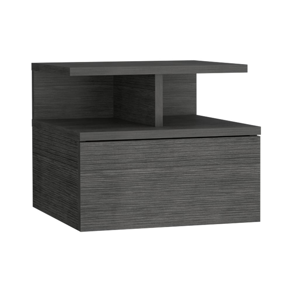 Nightstand, Wall Mounted Single Drawer and 2-Tier Shelf, Smokey Oak -Bedroom