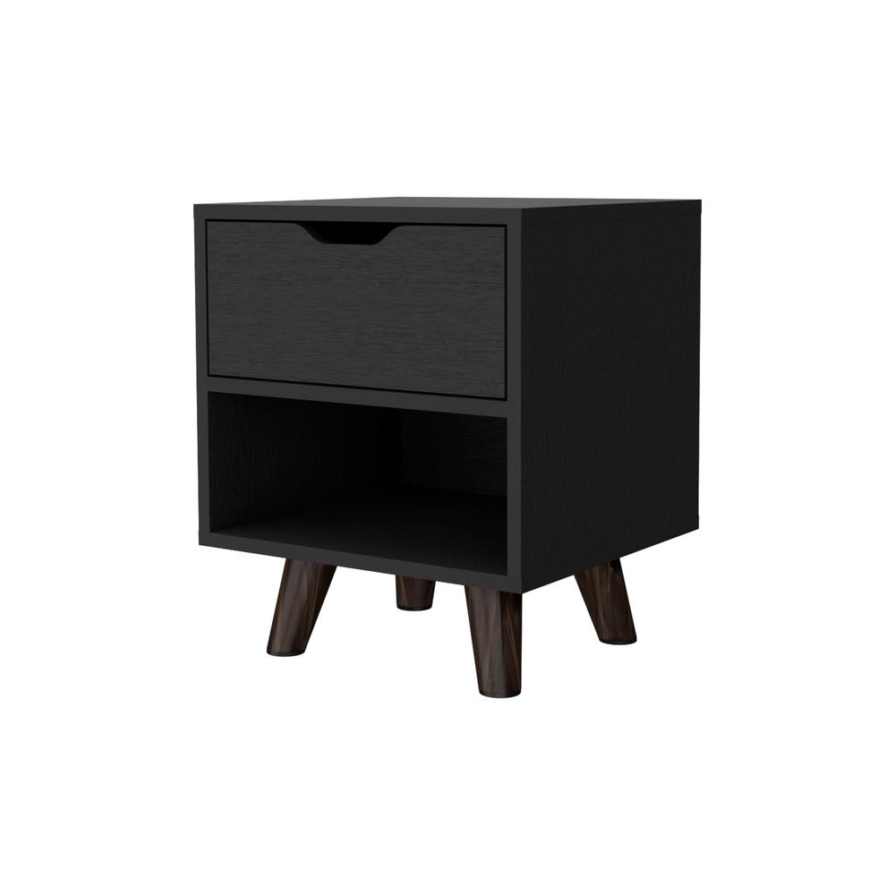 Nightstand with Spacious Drawer, Open Storage Shelf and Chic Wooden Legs, Black