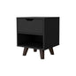 Nightstand with Spacious Drawer, Open Storage Shelf and Chic Wooden Legs, Black
