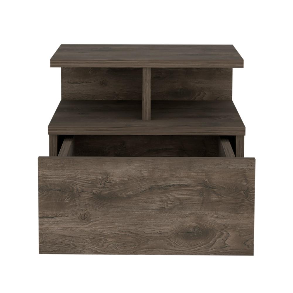 Nightstand, Wall Mounted with Single Drawer and 2-Tier Shelf, Dark Walnut