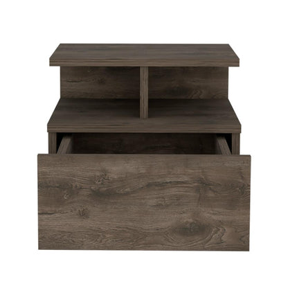 Nightstand, Wall Mounted with Single Drawer and 2-Tier Shelf, Dark Walnut