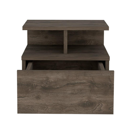Nightstand, Wall Mounted with Single Drawer and 2-Tier Shelf, Dark Walnut