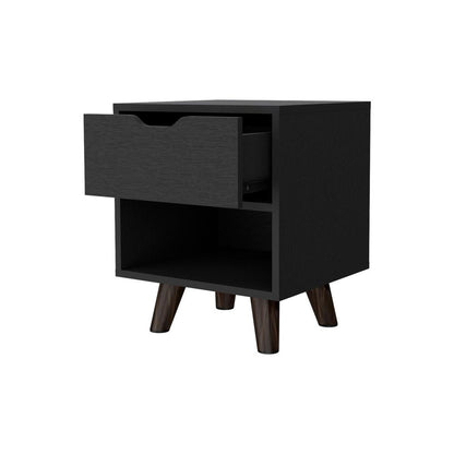 Nightstand with Spacious Drawer, Open Storage Shelf and Chic Wooden Legs, Black