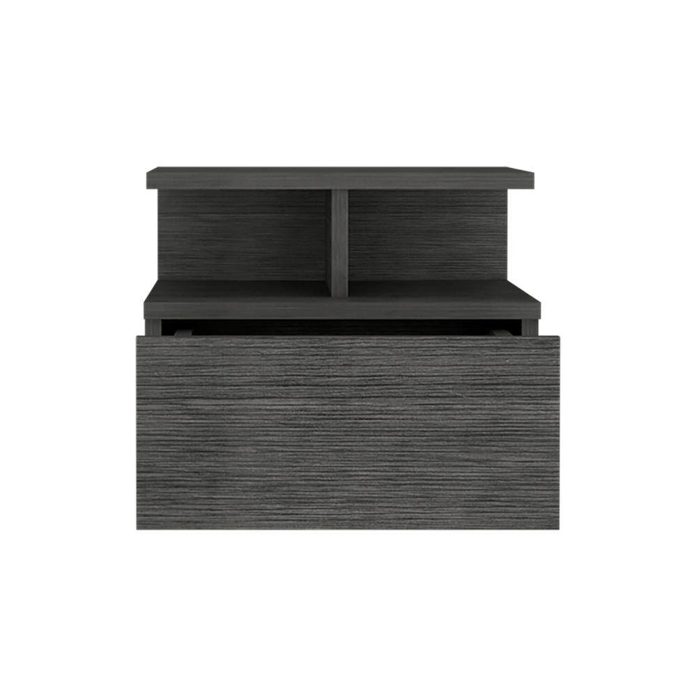 Nightstand, Wall Mounted Single Drawer and 2-Tier Shelf, Smokey Oak -Bedroom