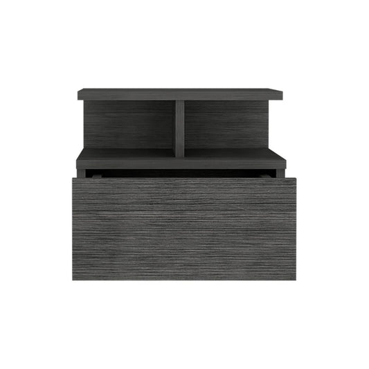 Nightstand, Wall Mounted Single Drawer and 2-Tier Shelf, Smokey Oak -Bedroom