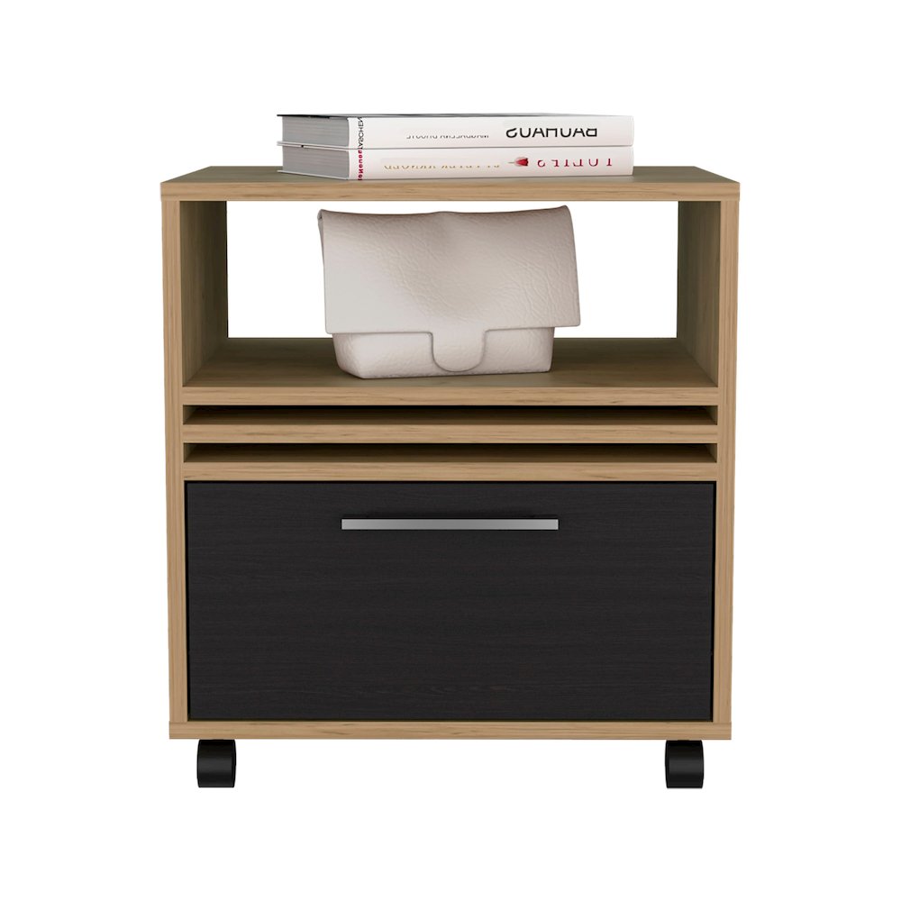 Alsen Nightstand, 1 Drawer, 4 Wheels, 1 Shelf, Natural Oak / Black