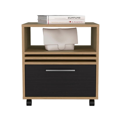 Alsen Nightstand, 1 Drawer, 4 Wheels, 1 Shelf, Natural Oak / Black