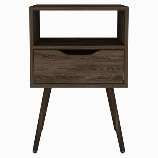 DEPOT E-SHOP Emma Nightstand, Countertop, Four Legs, One Open Shelf, One Drawer-Dark Walnut, For Bedroom