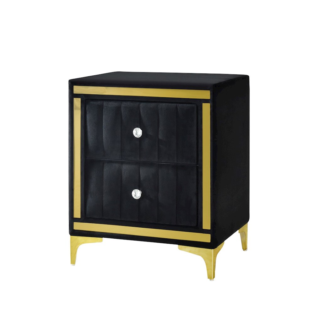 Monique Velvet Nightstand with Gold Legs and Gold Trim, Crystal knobs