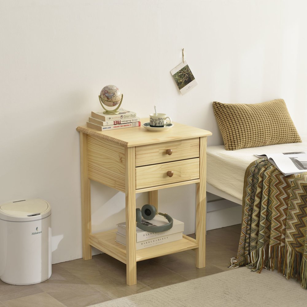 Solid Pine Wood 2 Drawer Nightstand in Natural