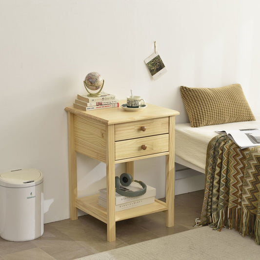Solid Pine Wood 2 Drawer Nightstand in Natural