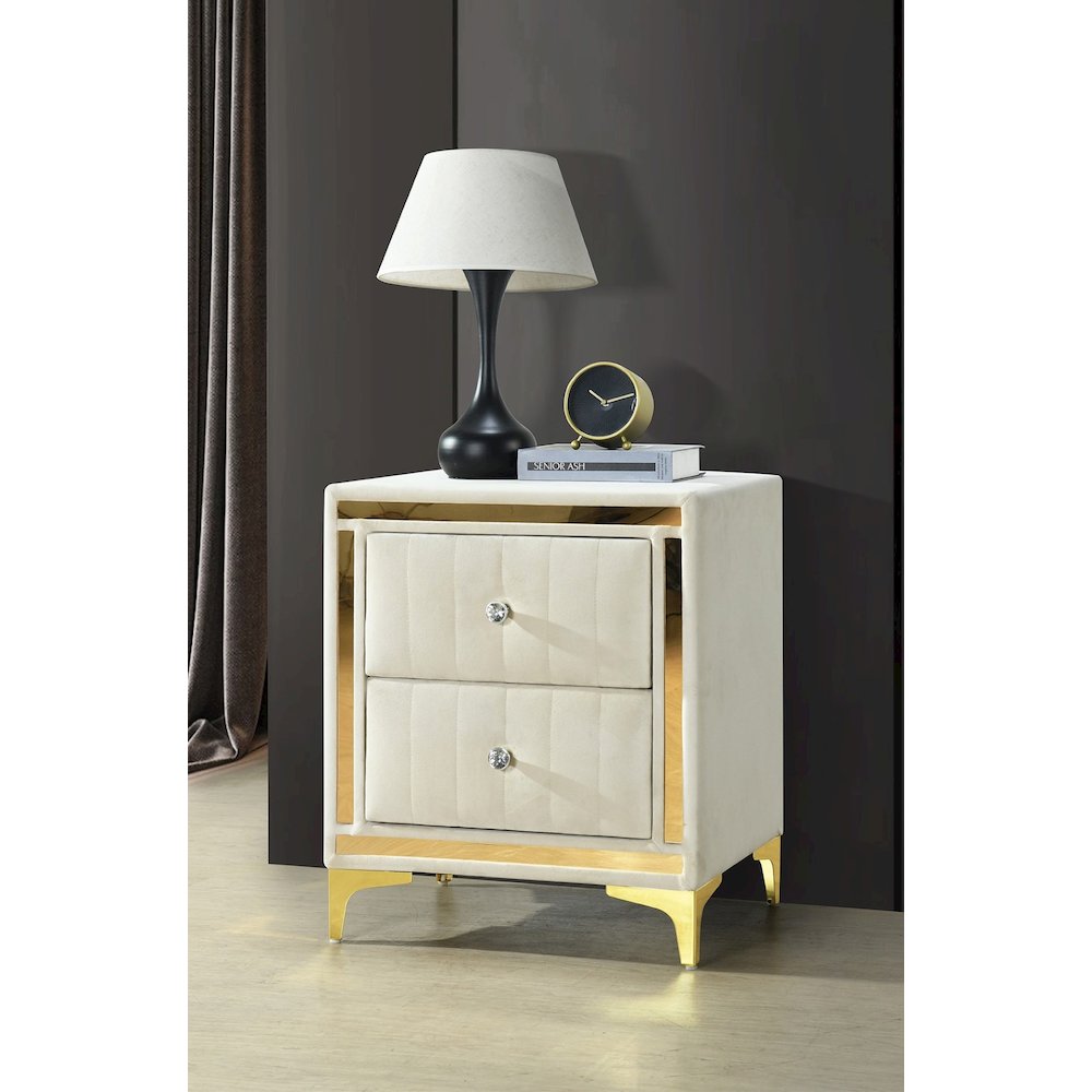 Monique Velvet Nightstand with Gold Legs and Gold Trim, Crystal knobs