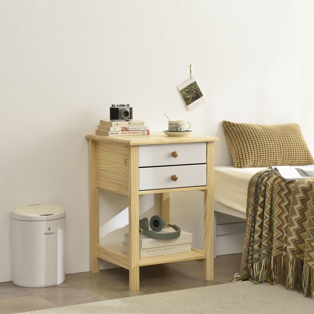 WPFurniture Solid Pine Wood 2 Drawer Nightstand in White & Natural