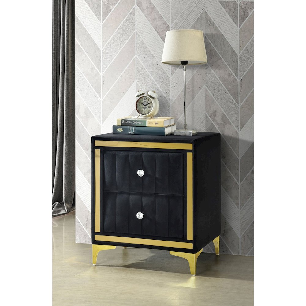 Monique Velvet Nightstand with Gold Legs and Gold Trim, Crystal knobs