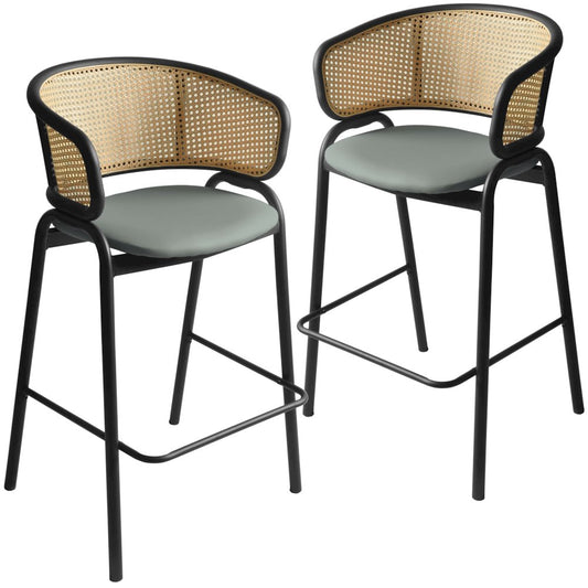 Wicker Bar Stool with Fabric Seat and Black Steel Frame Grey Leather Set of 2