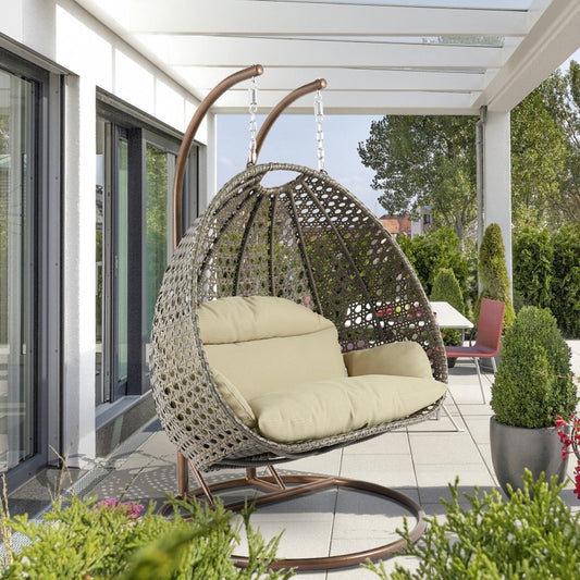 Beige Wicker Hanging 2 person Egg Swing Chair