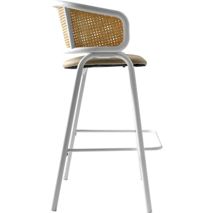 Ervilla Wicker Bar Stool with Fabric Seat and White Steel Frame - Taupe