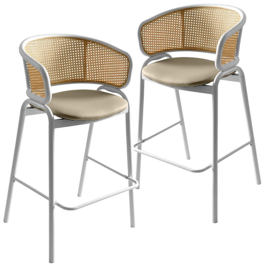 Wicker Bar Stool with Fabric Seat and White Steel Frame Taupe Set of 2