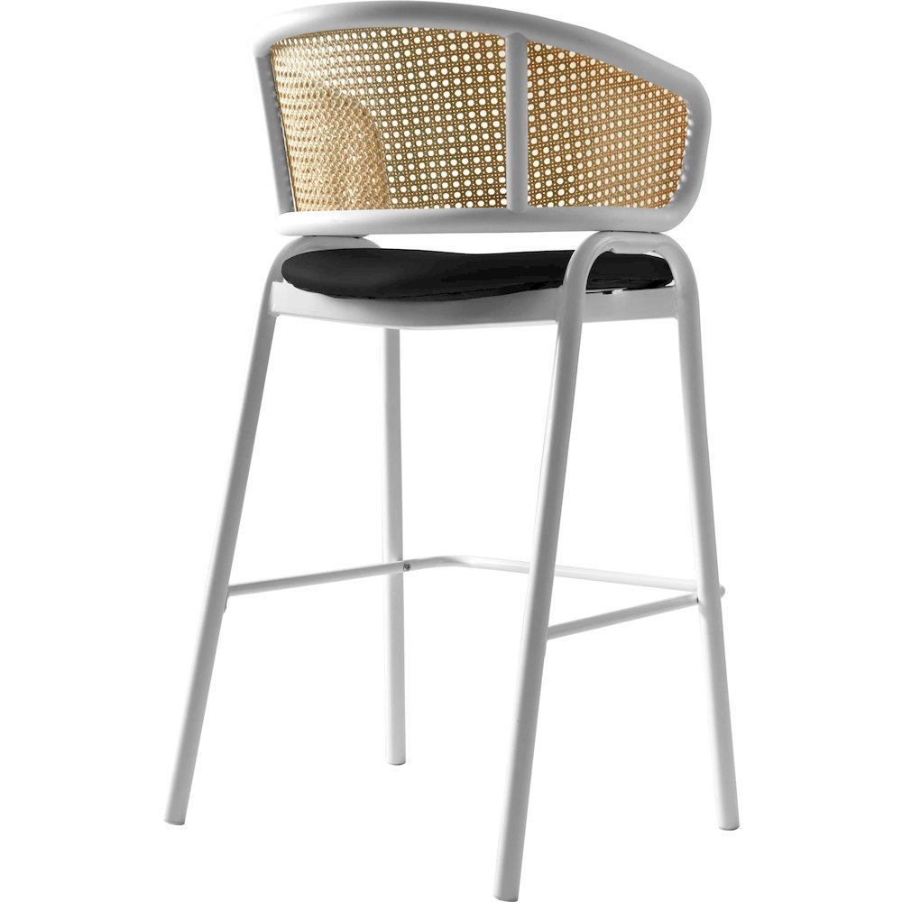 Ervilla Wicker Bar Stool with Fabric Seat and White Steel Frame - Black leather
