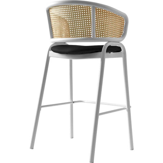 Ervilla Wicker Bar Stool with Fabric Seat and White Steel Frame - Black leather