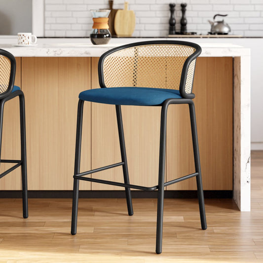Ervilla Mid-Century Modern Wicker Bar Stool in Navy Blue