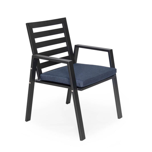 Aluminum Outdoor Dining Table 87 With 8 Chairs and Charcoal Blue Cushions