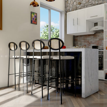 Euston Modern Wicker Bar Stool With Black Steel Frame, Set of 2 in Beige