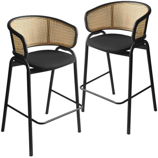 Wicker Bar Stool with Fabric Seat and Black Steel Frame Black Leather Set of 2