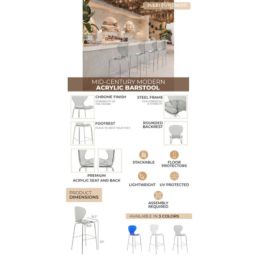 Oyster Acrylic Barstool with Steel Frame in Chrome Finish in Smoke