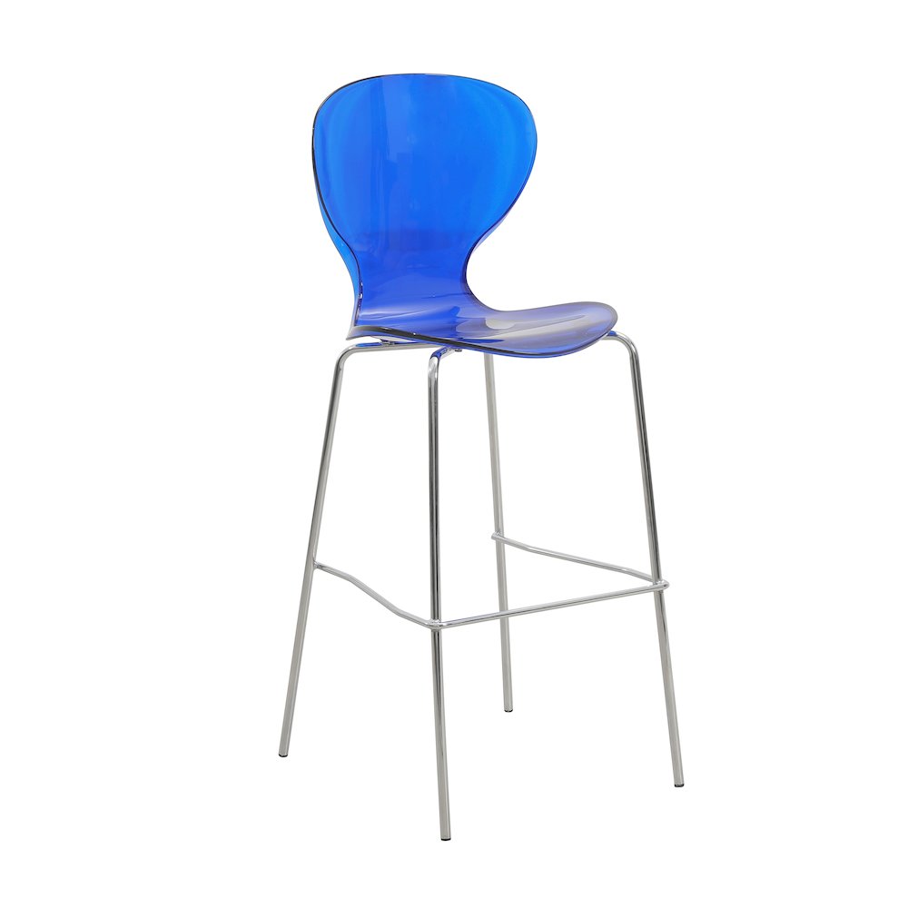 Oyster Acrylic Barstool with Steel Frame in Chrome Finish in Transparent Blue