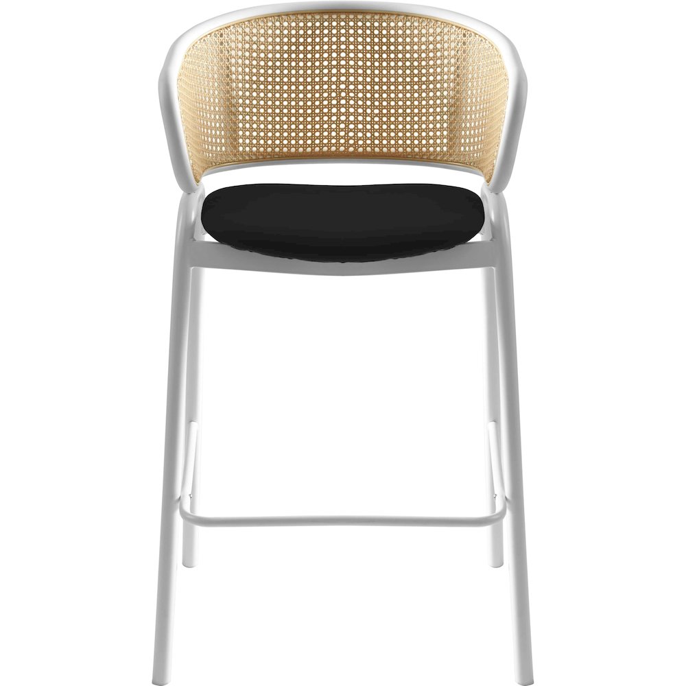 Ervilla Wicker Bar Stool with Fabric Seat and White Steel Frame - Black leather
