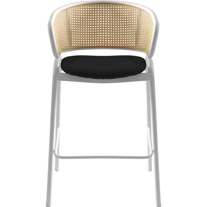 Ervilla Wicker Bar Stool with Fabric Seat and White Steel Frame - Black leather
