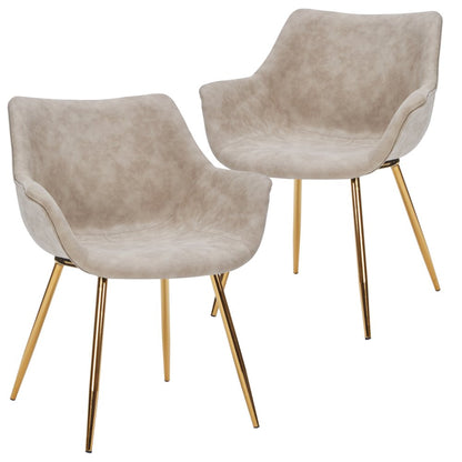 Markley Modern Leather Dining Arm Chair With Gold Legs in Taupe Set of 2