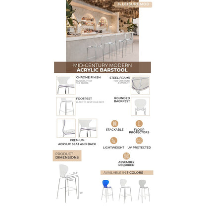 Oyster Acrylic Barstool with Steel Frame in Chrome Finish in Clear