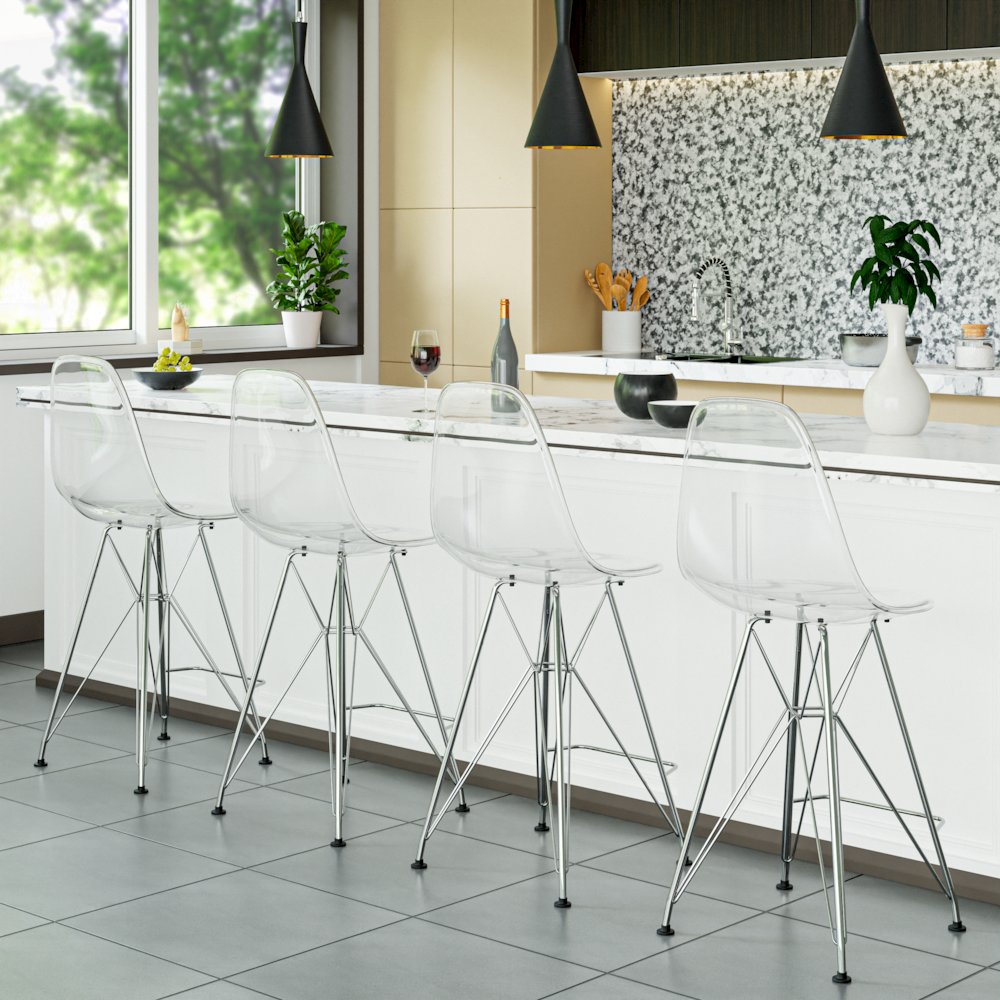 Cresco Modern Acrylic Barstool with Chrome Base and Footrest in Clear