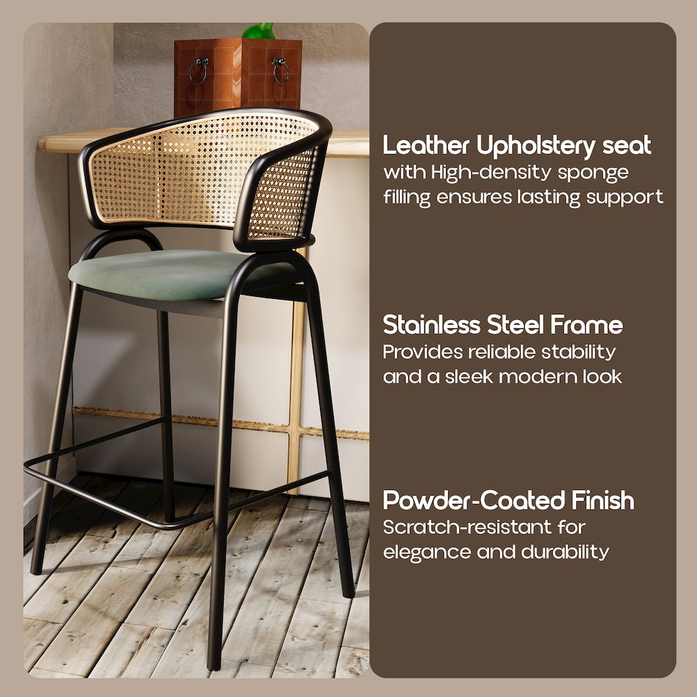 Ervilla Wicker Bar Stool with Fabric Seat and Black Steel Frame - Grey Leather