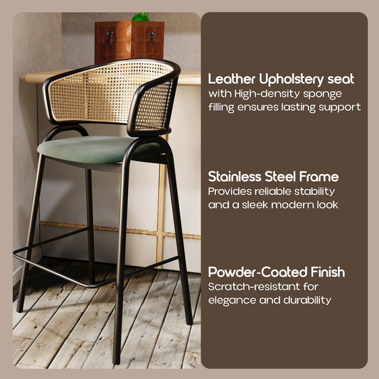 Ervilla Wicker Bar Stool with Fabric Seat and Black Steel Frame - Grey Leather
