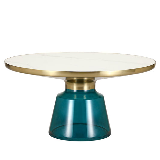 Glass Coffee Table Blue glass, Gold Rim white sintered stone top