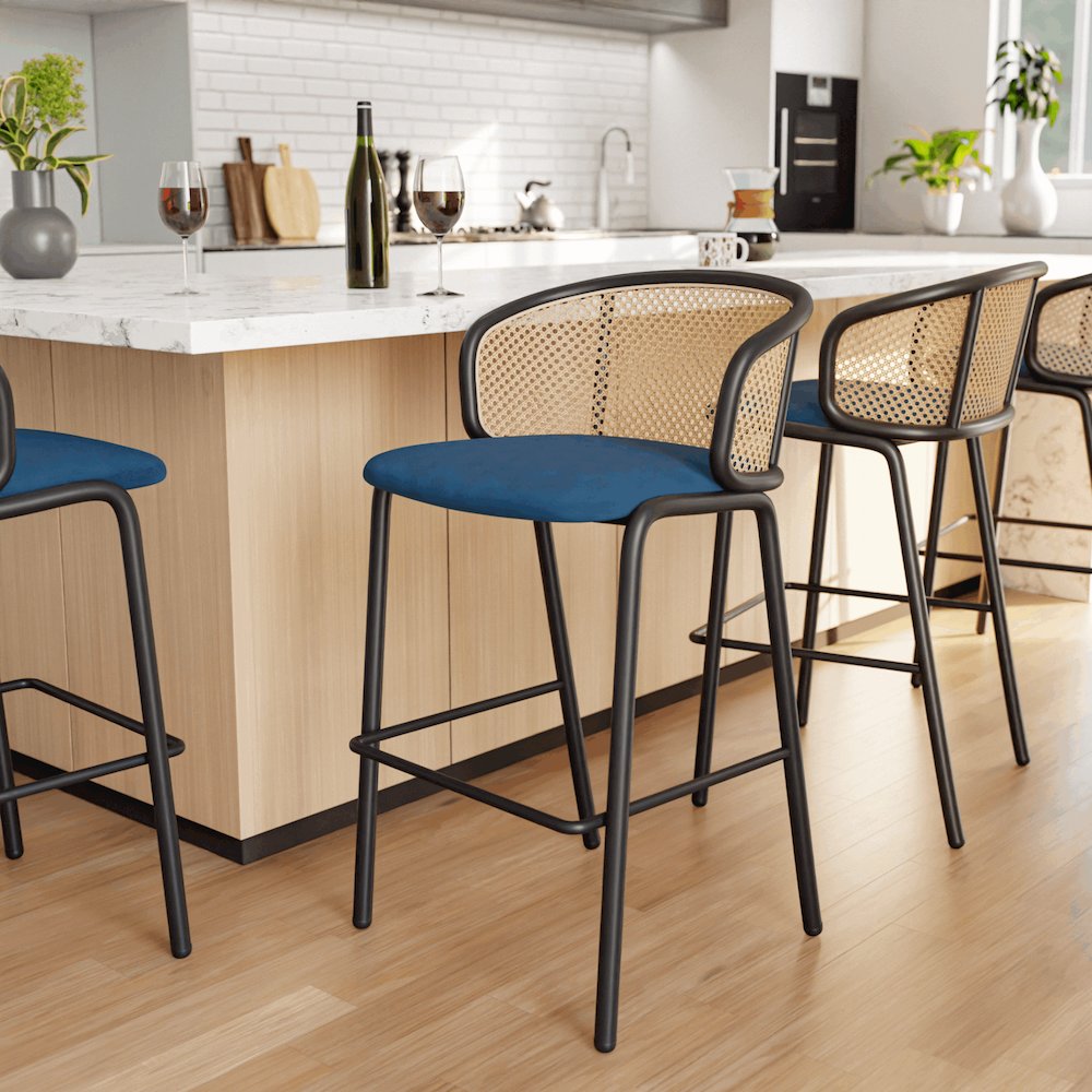 Ervilla Mid-Century Modern Wicker Bar Stool in Navy Blue