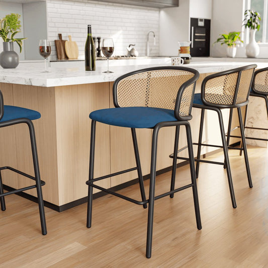 Ervilla Mid-Century Modern Wicker Bar Stool in Navy Blue