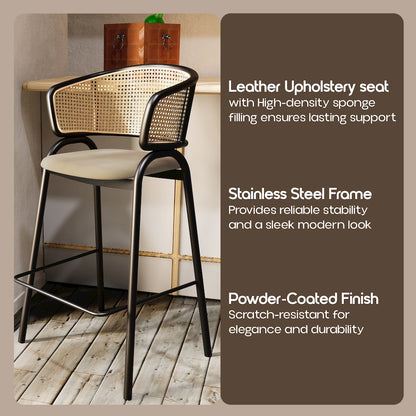 Ervilla Wicker Bar Stool with Fabric Seat and Black Steel Frame - Taupe