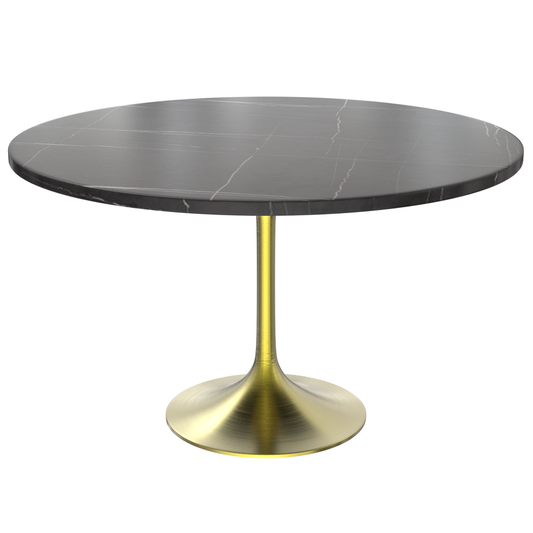 48 Round Dining Table, Brushed Gold Base with Sintered Stone Black Top